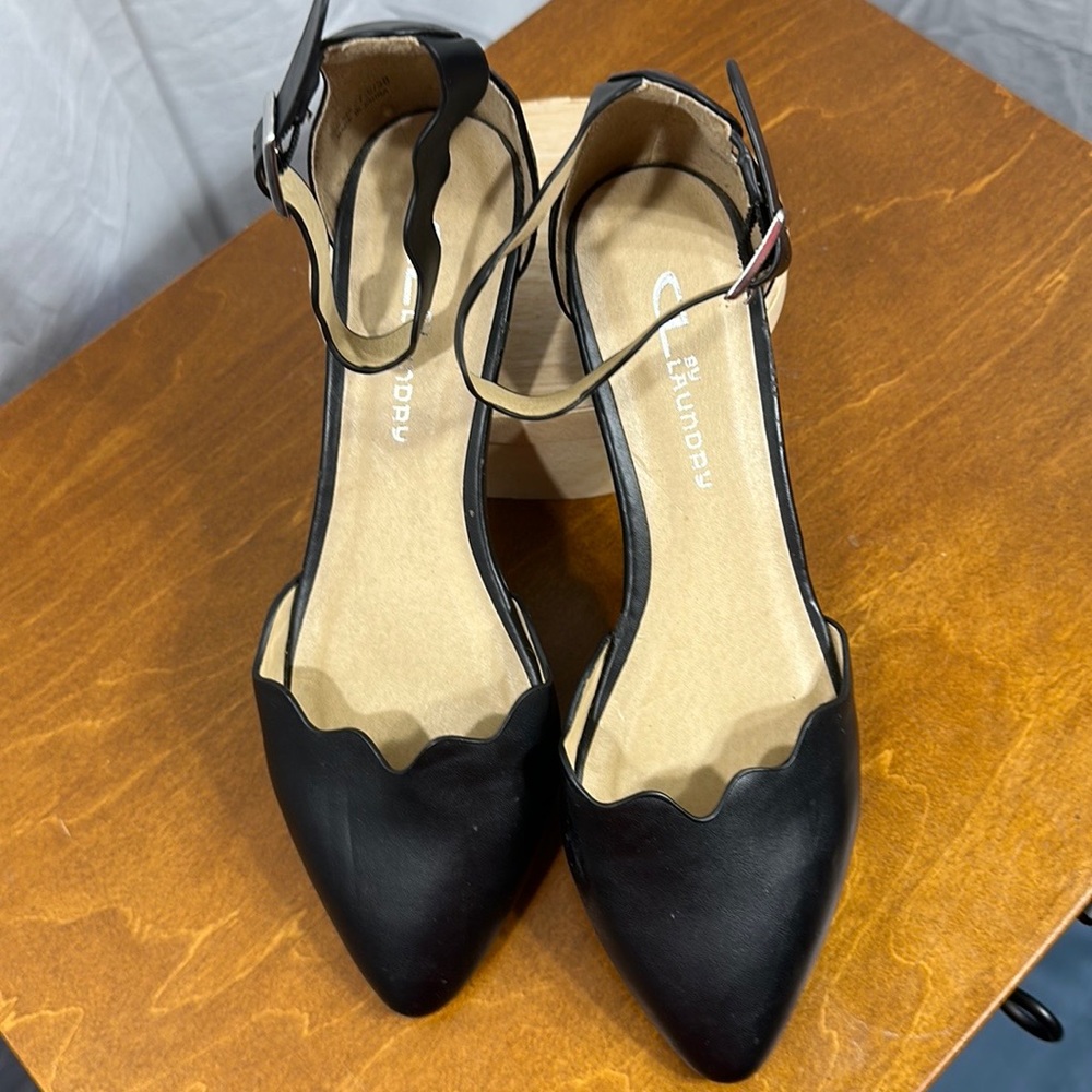 CL by Laundry Black Scalloped Pointed Toe Flats with Ankle Strap